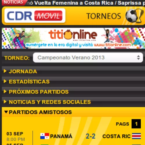 Captura de pantalla de listados de partidos amistosos del fútbol mundial