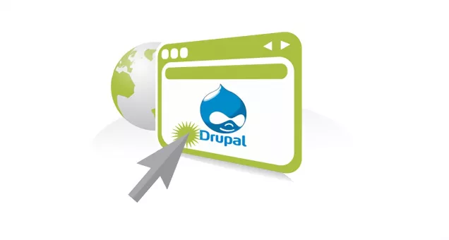 Ilustración de ventana de navegador con logo de Drupal en el área de contenido