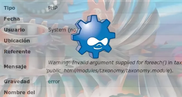 Captura de pantalla de entrada en el dblog con logo de Drupal sobrepuesto