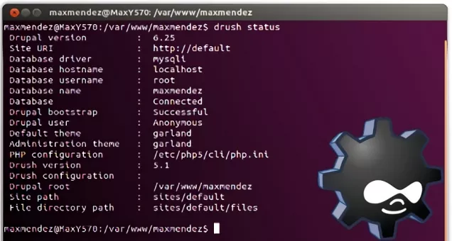 Captura de pantalla con la salida del comando drush status en la terminal de Linux