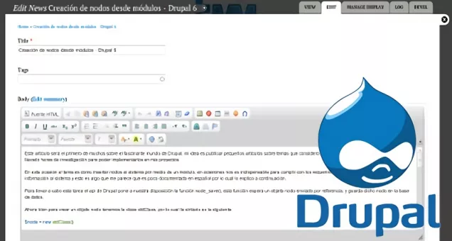 Captura de pantalla de formulario de edición de un contenido de Drupal
