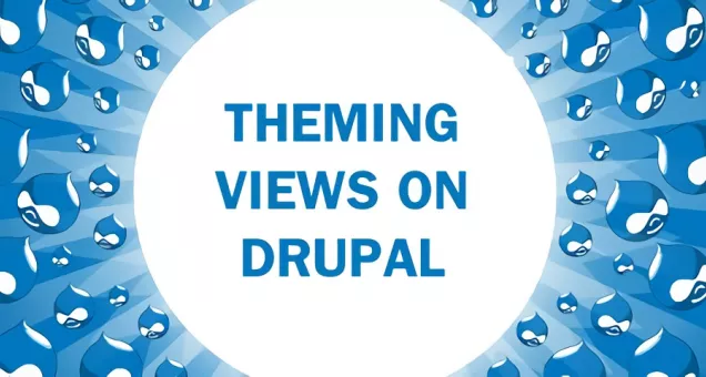 Conjunto de logos de Drupal con el texto Theming views on drupal