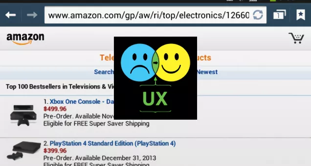 Captura de pantalla de amazon.com con icono de cara feliz y triste sobrepuestas